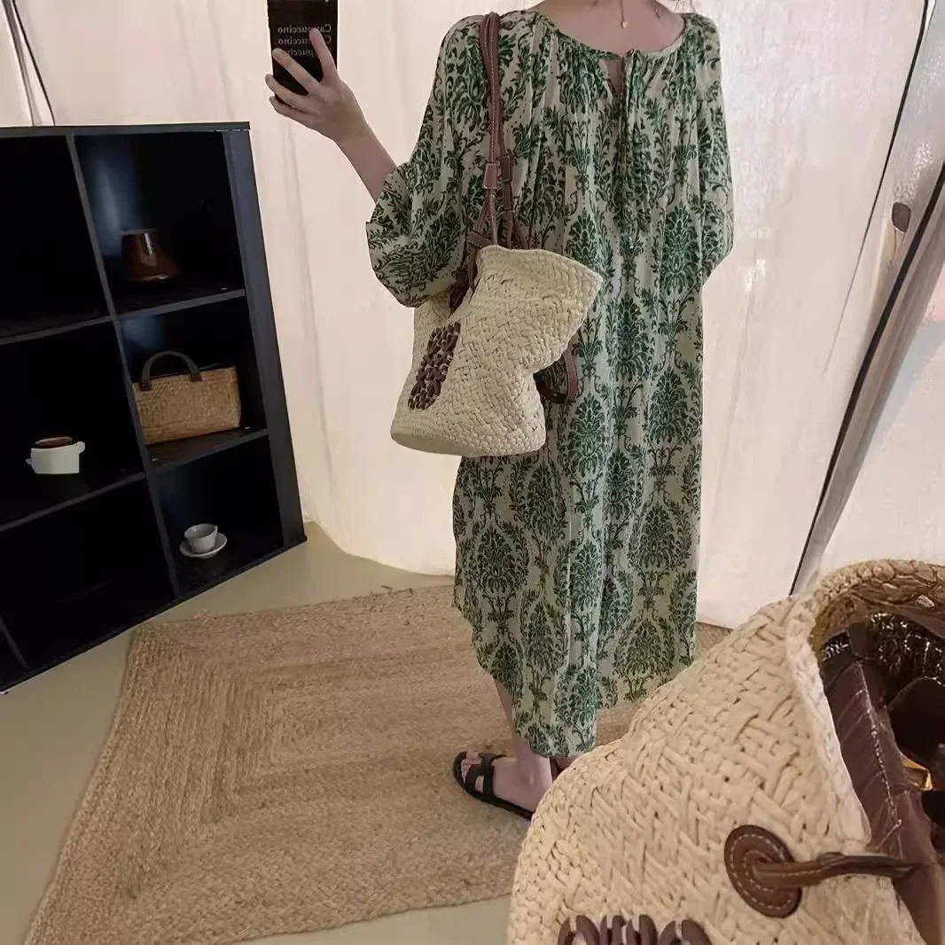 Женское платье с круглым вырезом Длинное свободное рукавами-фонариками и