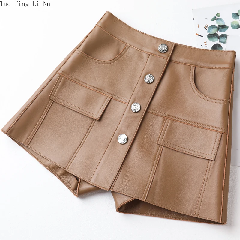2022 Leather Culottes Women's New Fashion Autumn and Winter High-waisted Slim A-line Wide-leg Leather Culottes J4