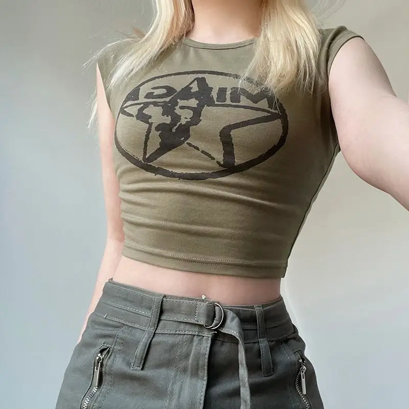 

Кроп-футболка Y2K женская с принтом в виде звезд, винтажный топ с коротким рукавом и круглым вырезом в стиле 90-х, уличная одежда в стиле Харадзюку, Модный облегающий короткий топ в Корейском стиле