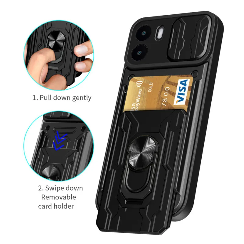 

For Xiaomi Redmi A1 4G Case Camera Protect Slide Armor Card Slot Holder Back Cover For RedmiA1 Redmi A1 Plus Magnetic Ring Cases