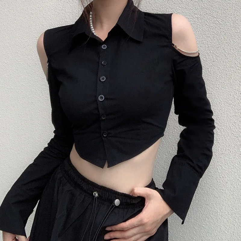 

Crop Black Shirt Women Spring Autumn New Fashion Lapel Buttoned Off Shoulder Long Sleeve Shirts Women's Short Sweethot Slim Top