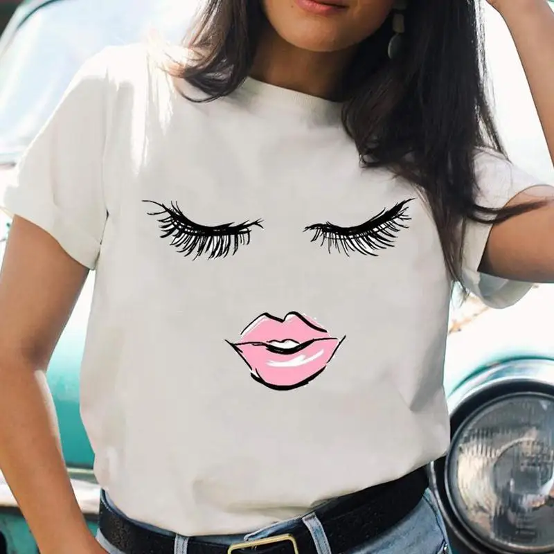 

Women Cartoon Sleep Eyelash 2021 Cute Kawaii T Top Shirt Regular Ladies Print Female Graphic Fashion Tee Short Sleeve T-Shirts