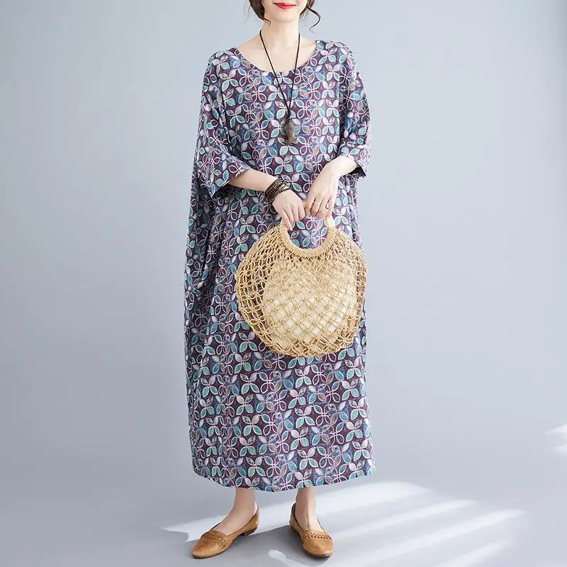 Женское льняное платье с круглым вырезом Dimanaf винтажное длинное свободного