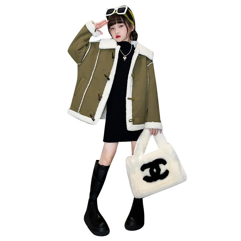 

Осенне-зимняя детская одежда, модное повседневное пальто, Дизайнерская куртка из коровьего рога на пуговицах, одежда для девочек-подростков, меховые цельные топы для 4-14 лет