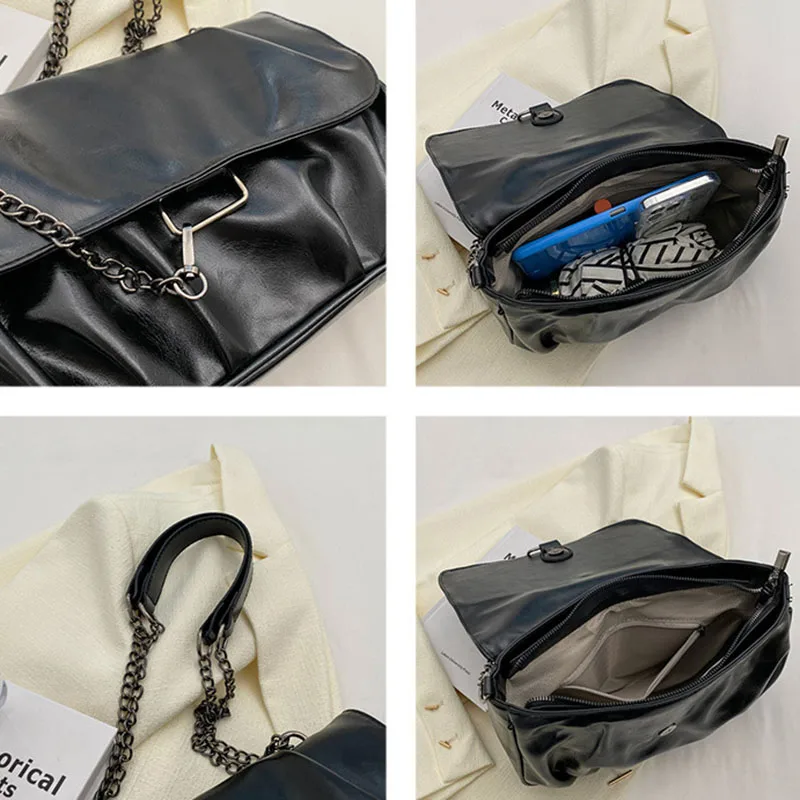 New Leather Retro Fashion Messenger Bag Chain Personalized Trend Pleated Single-shoulder Crossbody Bag Commute Storage Versatile