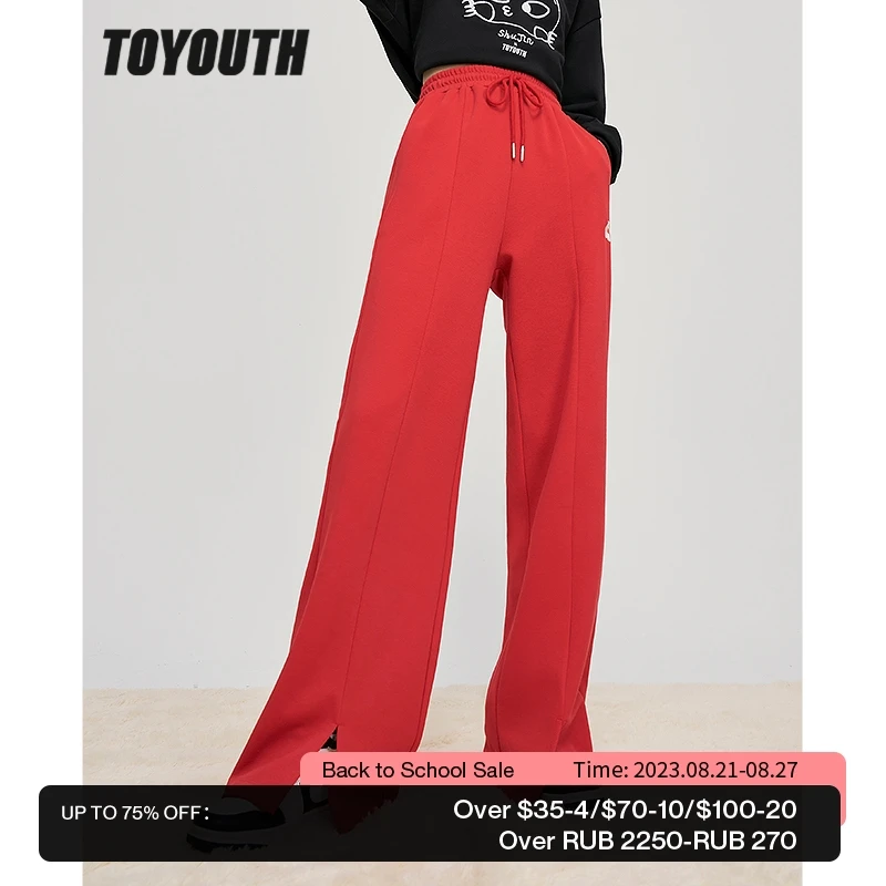 

Toyouth Women Sweatpants 2022 Autumn Elastic Waist Straight Long Trousers Black Red Flower Embroidery Slit Casual Sport Pants