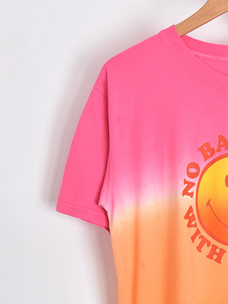 

Women Short Sleeve Cotton Gradient Smiley Letter Print T-shirt Fresh Tee Top Summer 2022 Loose Female Tshirt