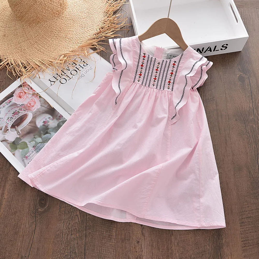 

Повседневное летнее платье для девочек, детские платья без рукавов, детский модный костюм с цветочной вышивкой и оборками, женское платье