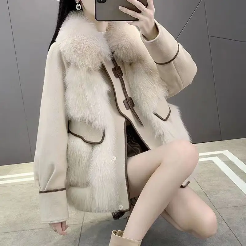 Autumn and Winter 2022 New Style Young Fashion Mosaic Women's Parka Whole Leather and Wool like Fur Coat