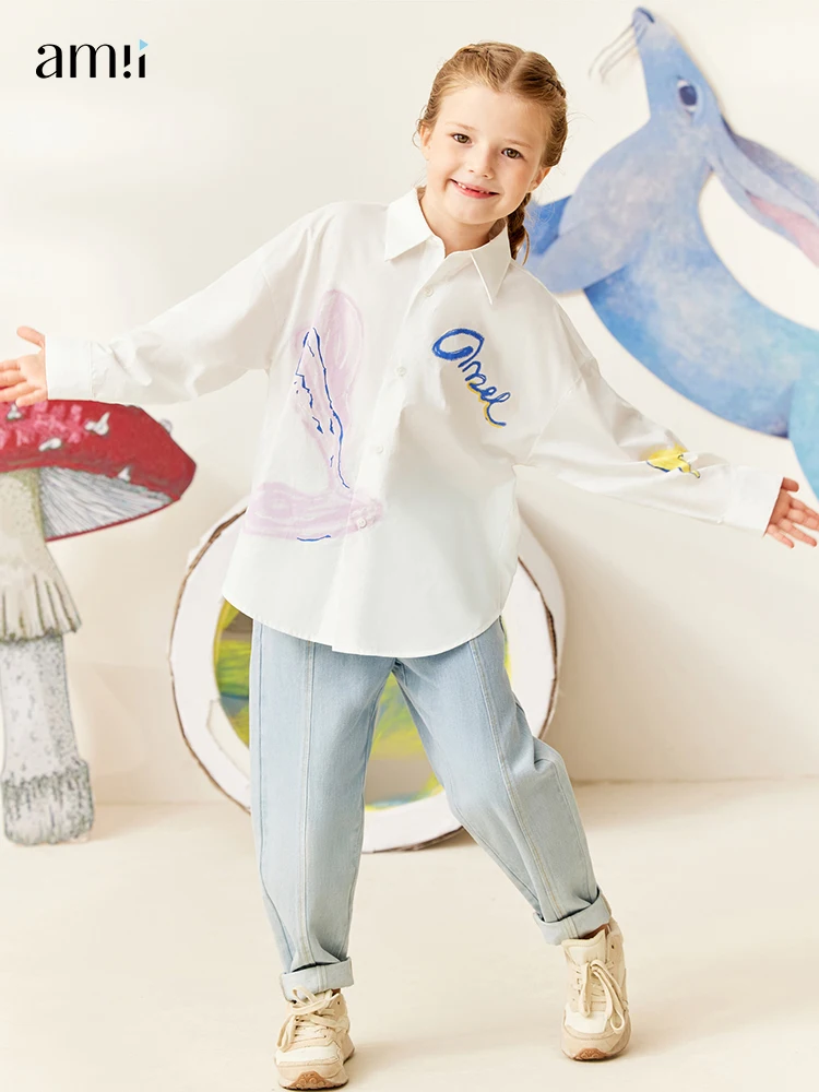 

Amii Kids 2022 Spring Autumn Blouse for Girls 3-12y Loose Casual 100% Cotton Turndown Collar Long Sleeve Pattern Shirts 22260042