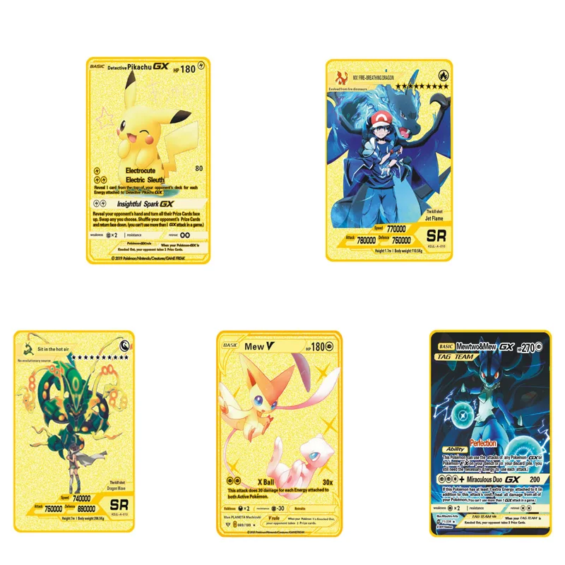 5pcsset not repeating pokemon gold cards english version vmax gx metal card battle carte trading game collection card kids toys free global shipping