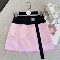2022 summer sweet pink skirts womens new slim fit color matching lace up satin a line high waist jupe