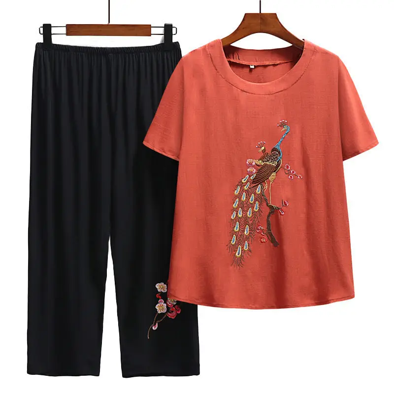 

Grandma's Summer Short-sleeved Sets Middle-aged elderly women's Peacock Embroidery Pullover Top 2-piece Casual Clothing Suits