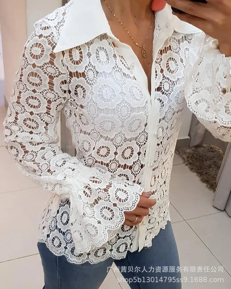 2022 Spring and Autumn New Women's Tops White Hollow Pattern Lapel Flared Sleeve Shirts