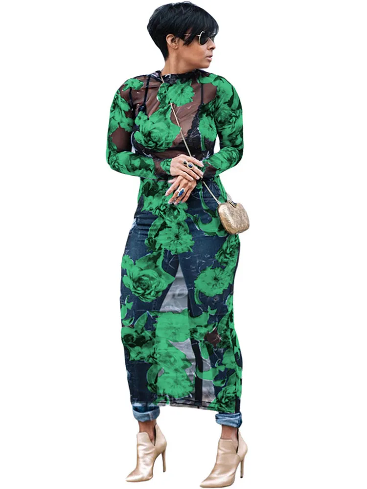 

Sexy Print Birthday Party Prom Long Mesh Dress See Through Night Club Outfits Women Gowns Wedding Evening Sexy Bodycon Dresses