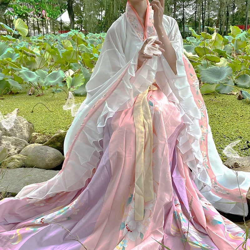 

Chinese Style Traditional Hanfu Costume Women Ancient Ruffles Floral Print Princess Dress Oriental Elegant Fairy Dance Wear Sets