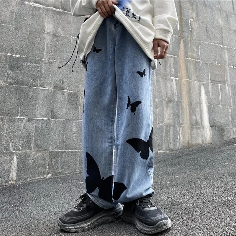 European American High Street Letters Embroidery Oversized Jeans On The Back Of Men'S Loose Straight-Leg Ripped Trousers Unisex