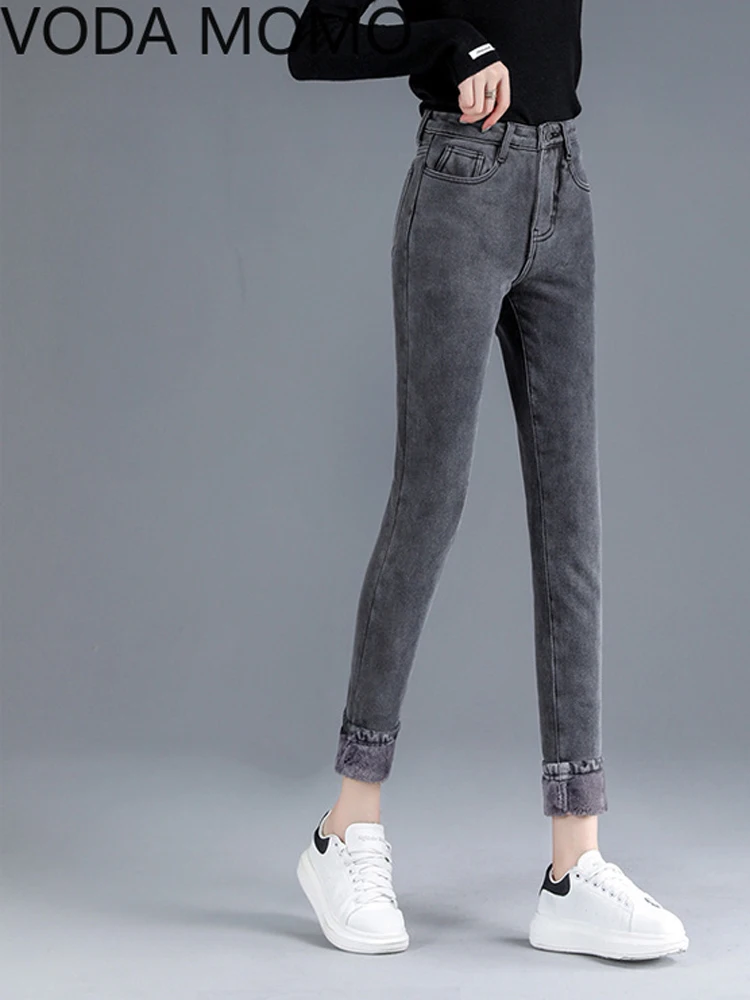 Зимние плотные теплые джинсы для женщин мам синие серые черные женские