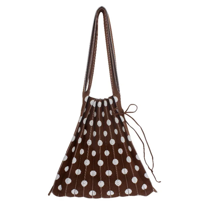 

Female Fashion Crochet Pleated Polka Dots Underarm Bag Casual Leisure Stylish Knit Woven Big Capacity Daily Shopping Slouchy Bag