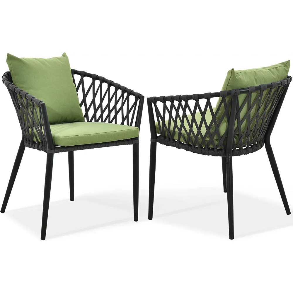 

DEXTRUS Outdoor Dining Chair Set of 2, Rope Woven Design Bistro Chairs, Indoor-Outdoor Armchair Seating - Green and Grey