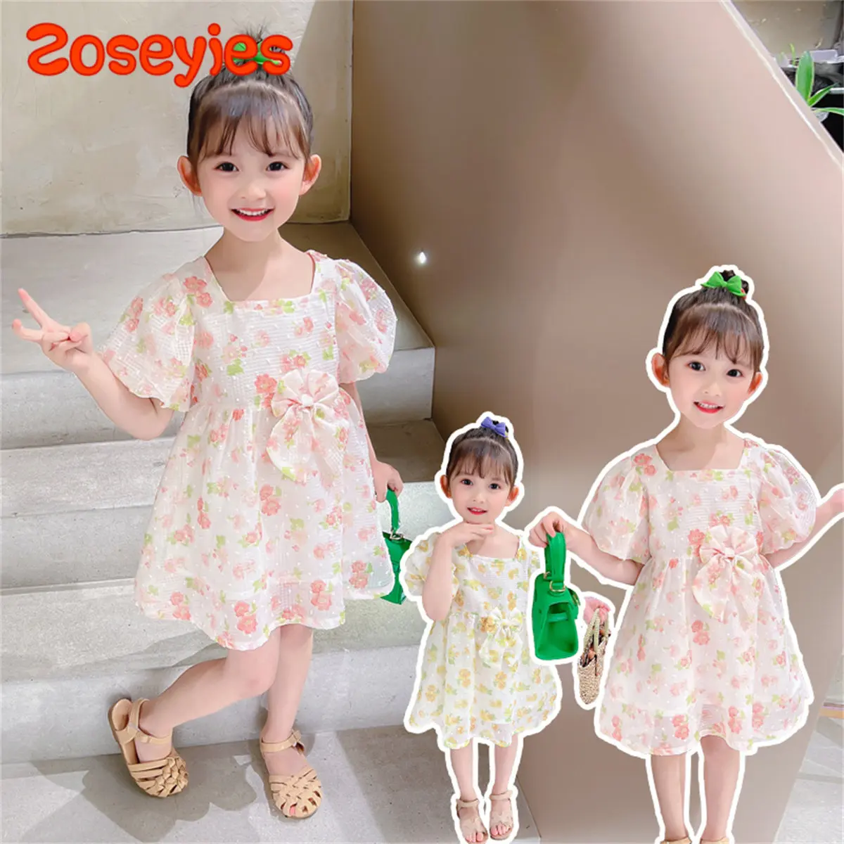 

Летнее Повседневное платье для девочек, украшенное бантом, с рукавами-пузырями, в стиле принцессы, универсальная шифоновая юбка с квадратным вырезом