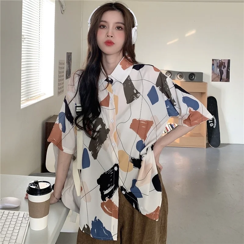 

Blouses Fashion Summer Cardigan Printing Splicing Short Sleeve Single-breasted Girlish Style Button Polo-Neck Tenafeicc