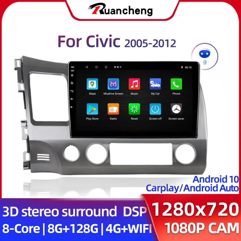 $572.54 Rc V1pro AI Voice Carplay Car Radio For Honda Civic 2005-2012 Multimedia video Player Android Auto 4G  GPS 2 din autor