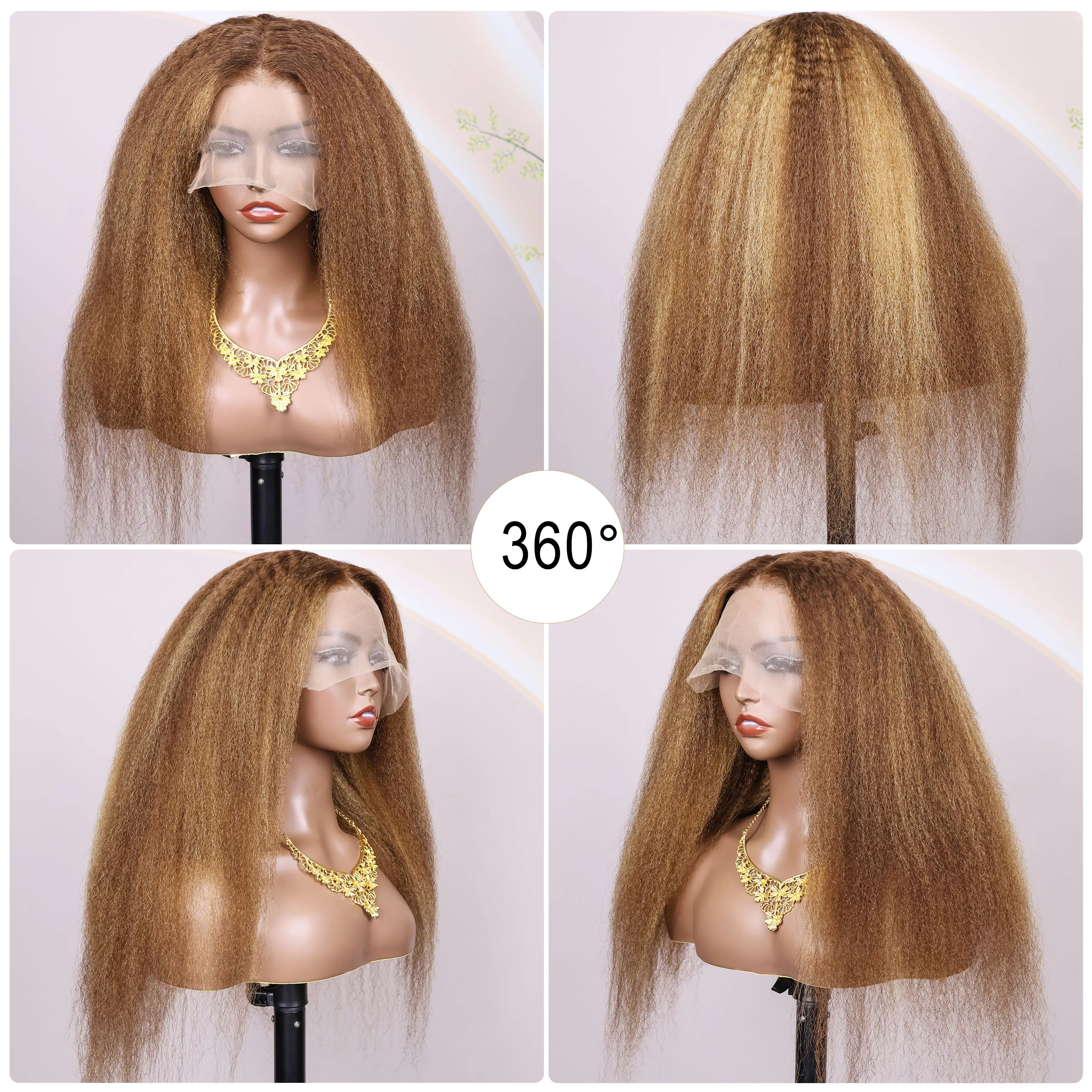 Фото Выделите 4/27 Ombre Kinky Straight 13X6 HD Парики спереди на шнуровке Человеческие волосы для женщин Парик яки Предварительно выщипанный Натуральный черный Плотность 200% №5