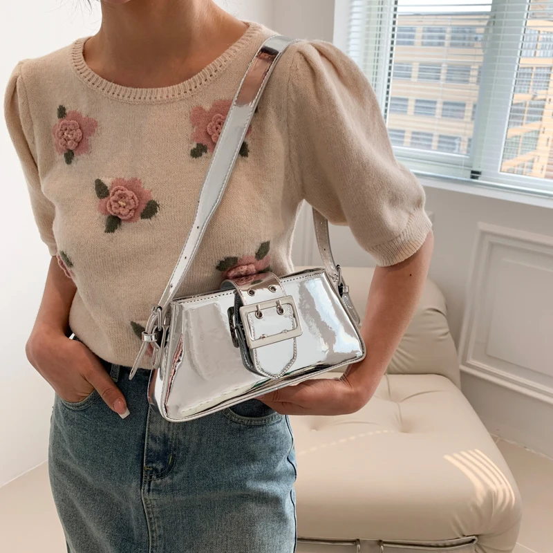

Silver Shouder Bags for Women 2023 Spring Y2K Small Purse Glossy PU Leather Luxury Brand Female Underarm Handbags Pink
