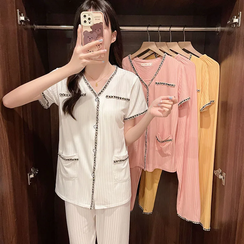 

Spring Summer Ladies Thin Cotton Pajama Sets Sexy Women's Homewear Casual Luxury Nightwear Buttons Pajamas Female Sleepwear