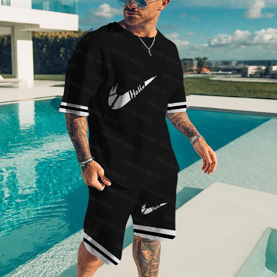 

Sports Brand Solid Color Patchwork Sportswear Summer Casual Short Sleeve Printed Streetwear Graphic T-Shirt Shorts Men's