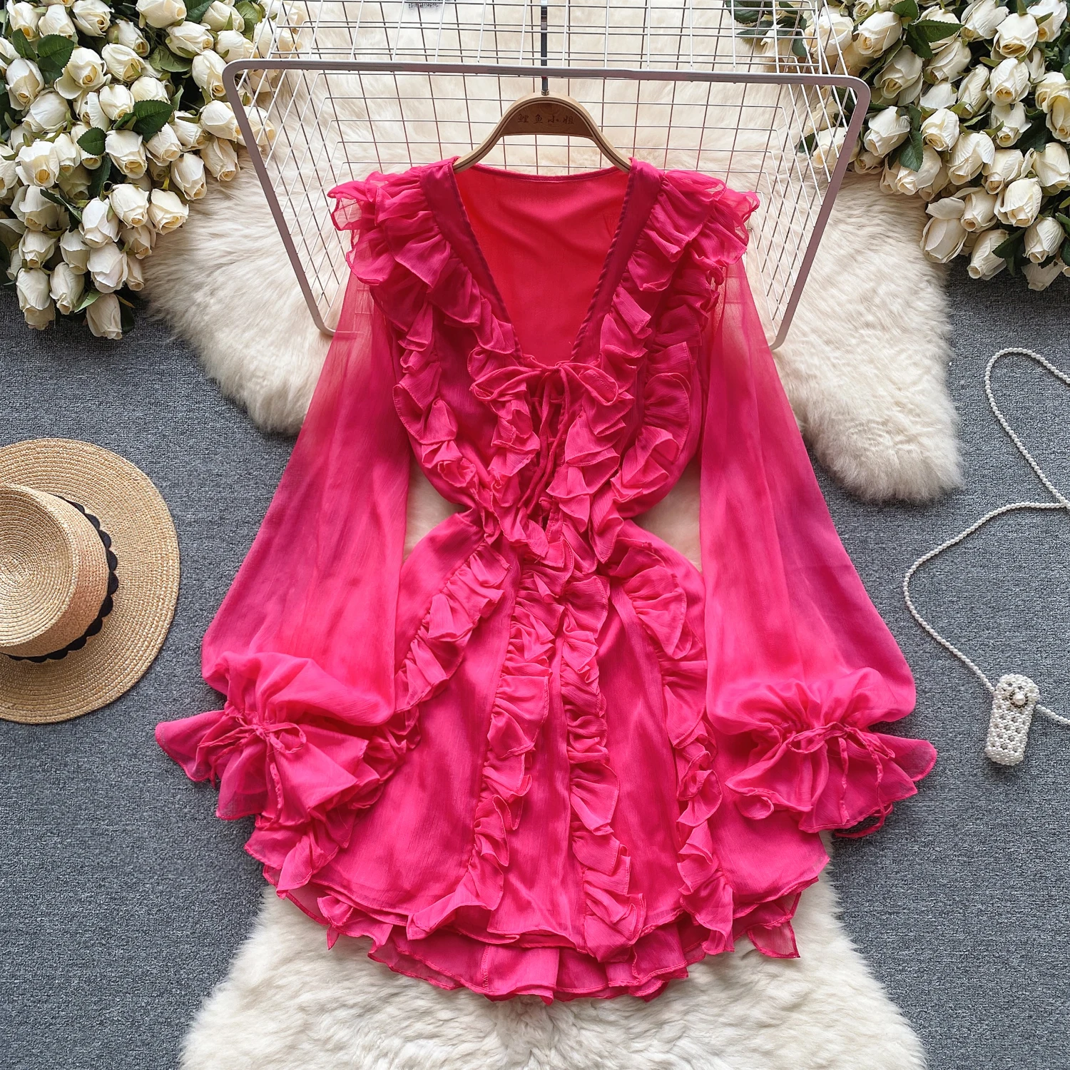 

Винтажное шифоновое платье-трапеция VANOVICH во французском стиле, женское осеннее платье средней длины с рукавами-фонариками, оборками и V-образным вырезом