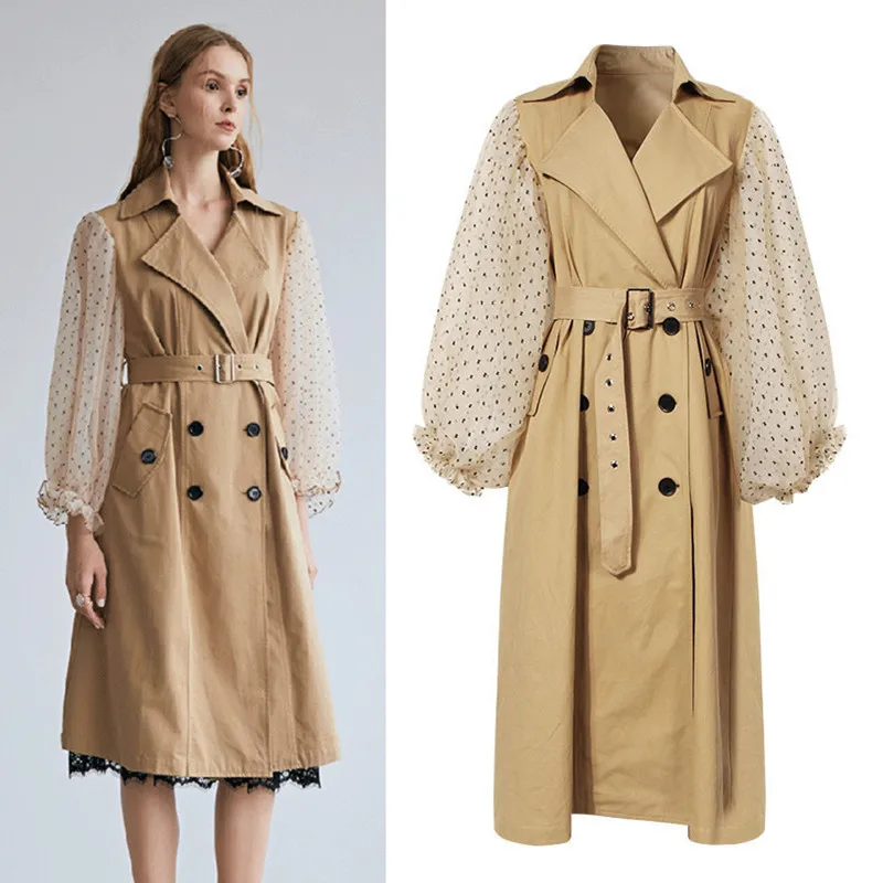 

Fashion Women's Windbreaker Long Section Lapel Belt Mesh Stitching Lantern Sleeve Elegant Coat Princess Costume Spring autumn