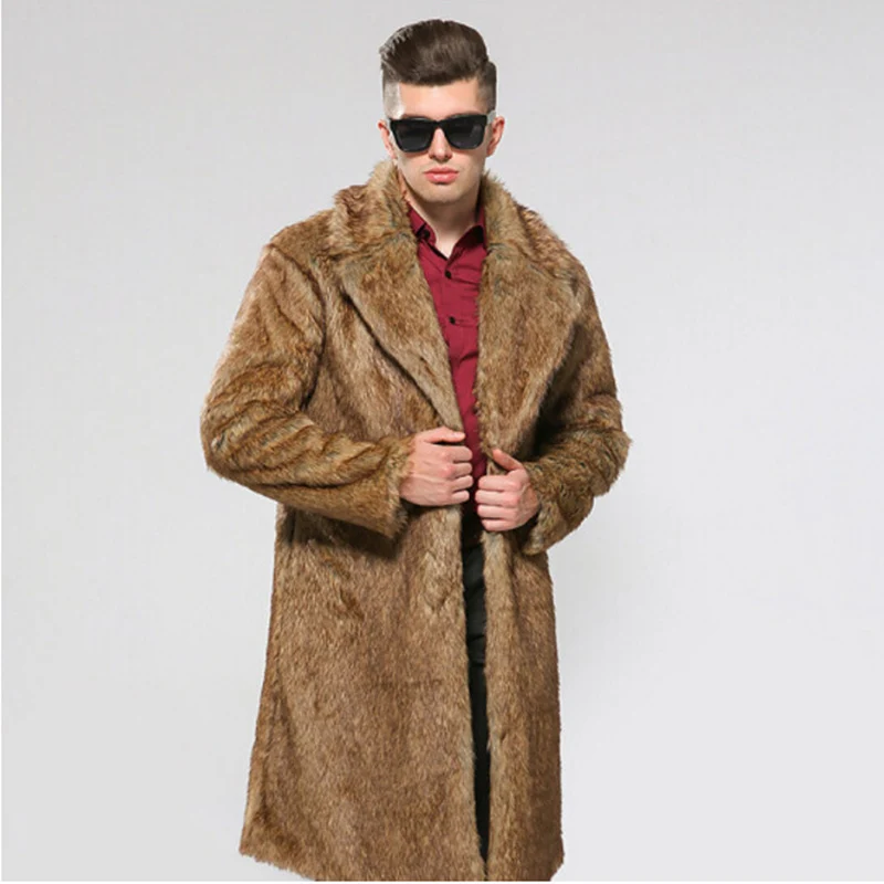 Men Faux Fur Coat Winter Thicken Fluffy Long Sleeve Warm Outerwear Luxury Fur Long Jacket Bontjas Jackets Long Windbreaker Coat
