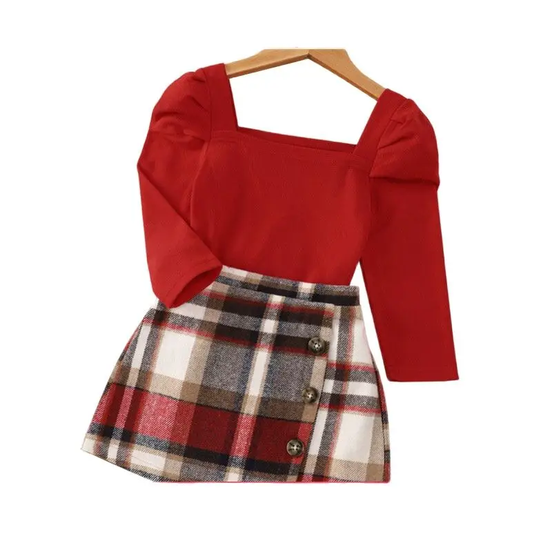 

Children Clothes Set Spring Autumn Red Long Sleeve Plaid Short Skirt Suits Girls Dresses Plaid Suit Kids Top and Skirt 2pcs Sets