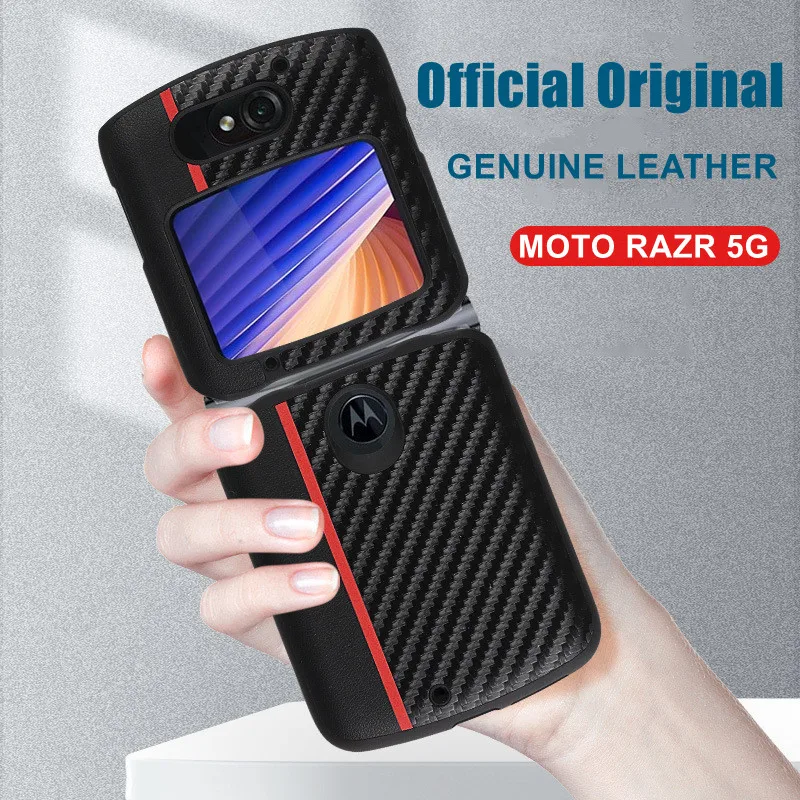 

For Motorola Razr 5G Genuine Leather Kickstand Case Anti-knock Folding Flip Cover for Motorola Razr 5G Carbon Fiber Lines Fundas