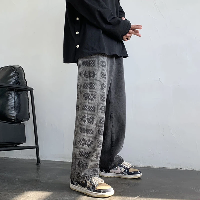Washed Retro Black Baggy Jeans For Men Denim Trousers Personality Hip-Hop Street Cashew Flower Straight Wide Leg Pants Male