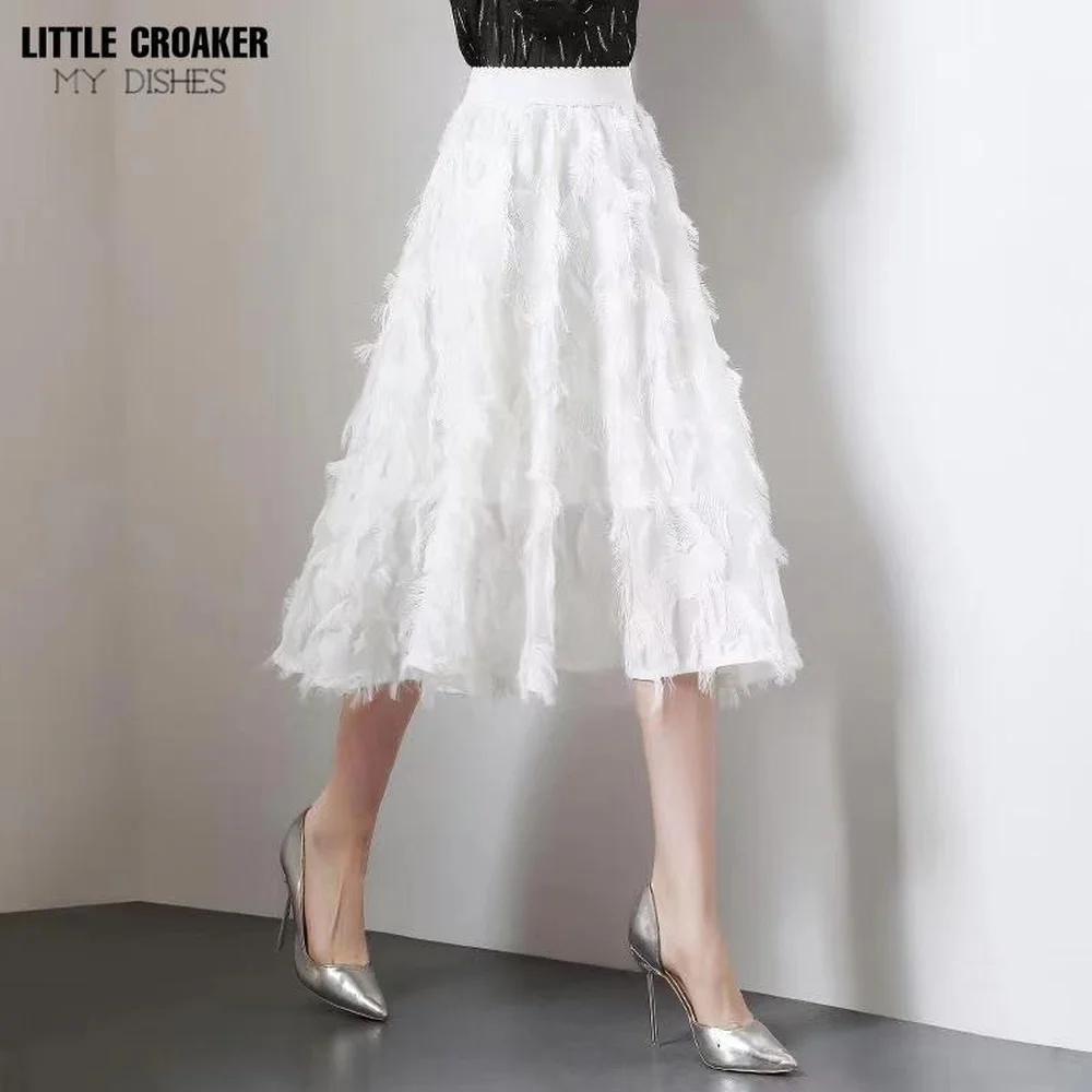 

Feathers Cut Out for Women High Waist Patchwork Tassel Irregular Hem Solid Midi Skirt Female Summer Clothing Style Woman Clothes