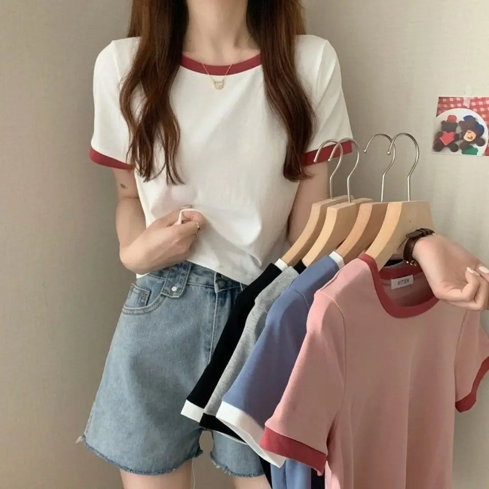 

Contrasting color round neck short-sleeved t-shirt women's clothing 2023 new summer bottoming shirt Korean version of slim short