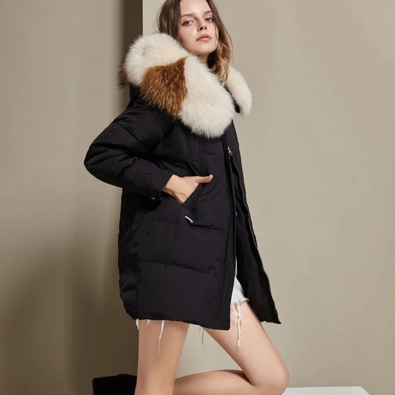 

Женский длинный пуховик на белом утином пуху, свободная куртка с капюшоном и меховым воротником, Осень-зима