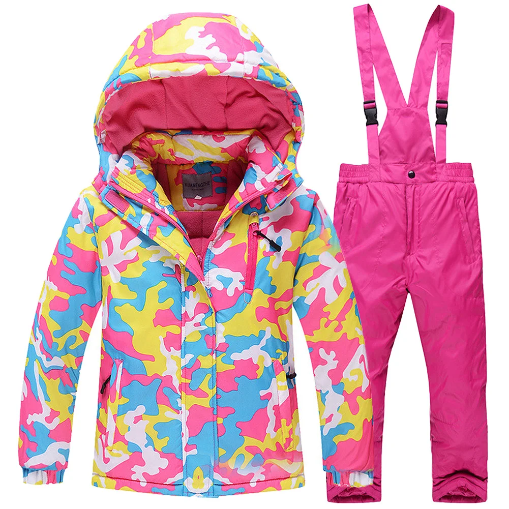 Boys Girls Camouflage Ski Suit Waterproof Windproof Snowsuit for Winter Two-Piece Ski Hooded Jacket + Bib Trousers