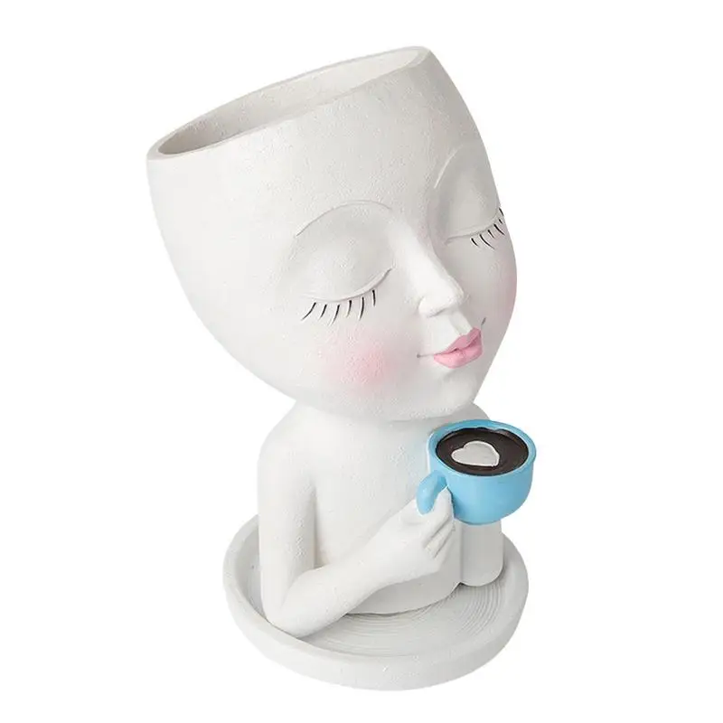 

Cute Head Planter Plant Pot Drinking Coffee Resin Flower Planter With Closed Eyes And Drainage Hole Fireplace Succulent Plant