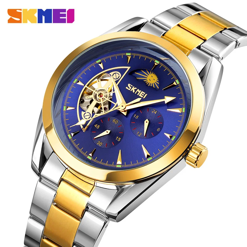 

skmei men mechanical watch luxury business original design skeleton hollow stainless steel automatic wristwatches heren horloge