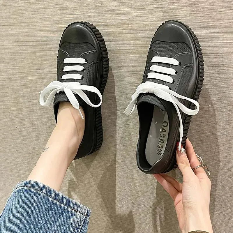

Waterproof Soft Bottom Thickened Lace-up Small White Shoes Rain Shoes Casual Solid Color Low-top Water Shoes Women's Rain Boots
