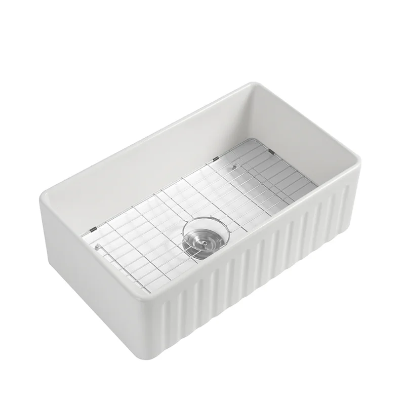 

Ireclay 33" L X 20" W Farmhouse Kitchen Sink with Grid and Strainer White Fireclay [US Stock]