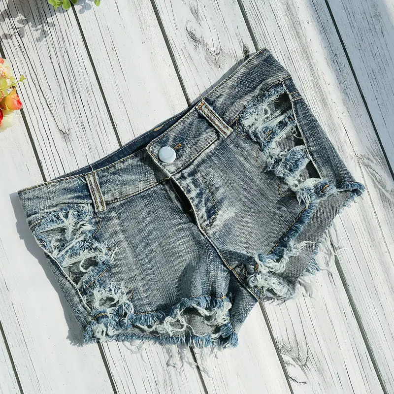 2023 New Ultra Low Waist Denim Shorts Sexy Hollowed Out Hole Bottomed Nightclub Short Jeans Feminino Blue