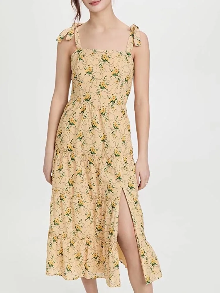 

Kumsvag 2022 Summer Women Vintage Strap Dress Bandage Bow Tie Print Sleeveless Female Elegant Street Split Dresses Vestidos