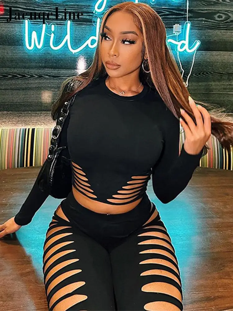 

Пикантные черные женские брюки Jacqueline, комплекты с вырезами, Клубные наряды, укороченный Топ с длинным рукавом и брюки-карандаш, подходящие к...