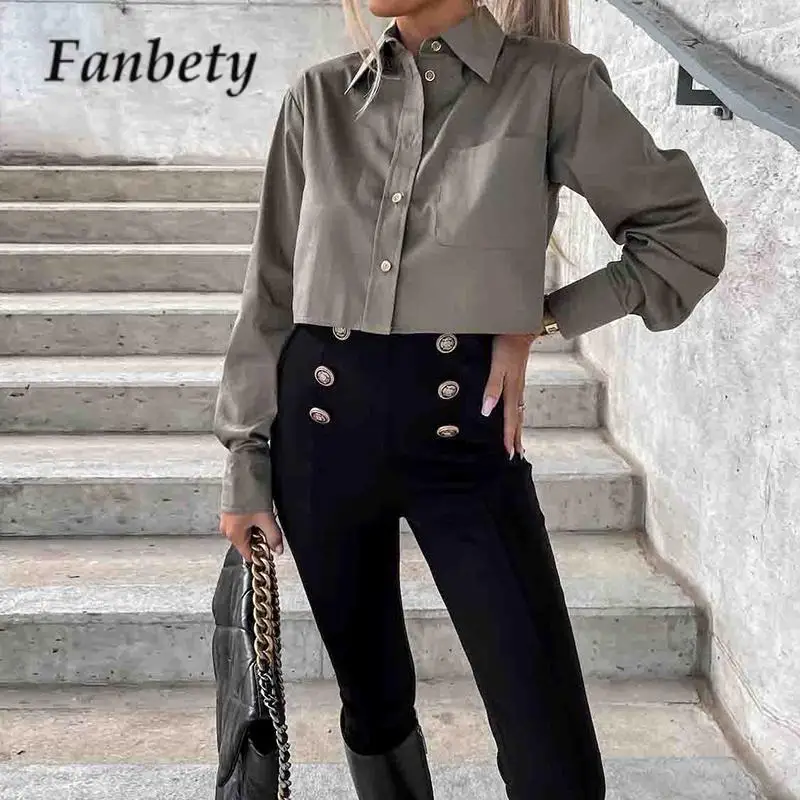 

2023 New Autumn Female Casual Pocket Shirts Elegant Solid Color Single Breasted Ladies Tops Women Lapel Long Sleeve Short Shirts