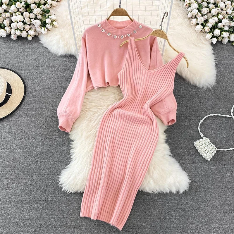 

Celebrity Style Round Neck Beaded High Waist Short Open Bellybutton Sweater Two Piece Spicy Girls Knitted Tank Top Dress Women
